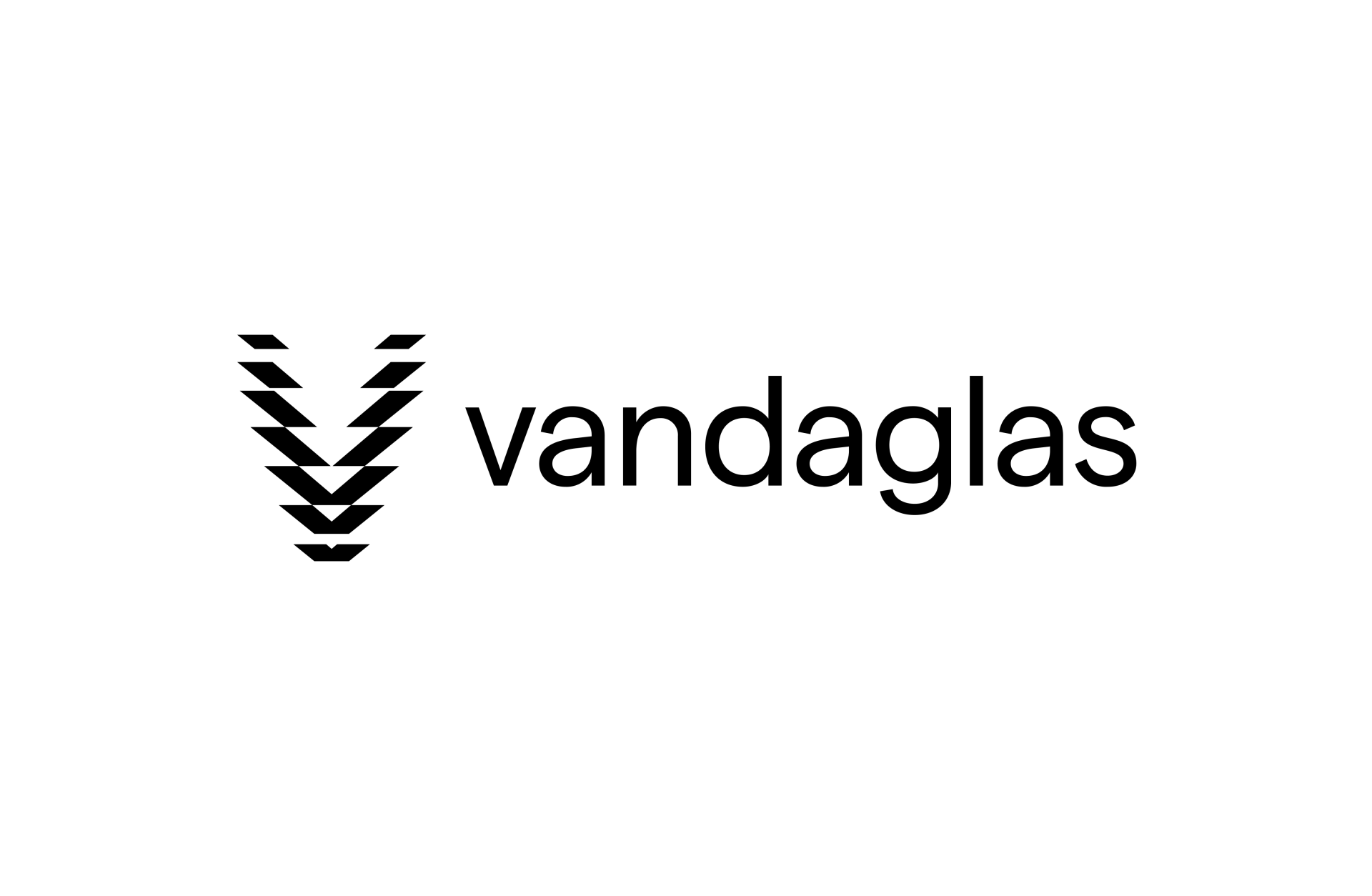 Logo von vandaglas, einem schwarzen, nach unten zeigenden Chevron-Symbol, das aus gestapelten, sich überlappenden Formen besteht.
