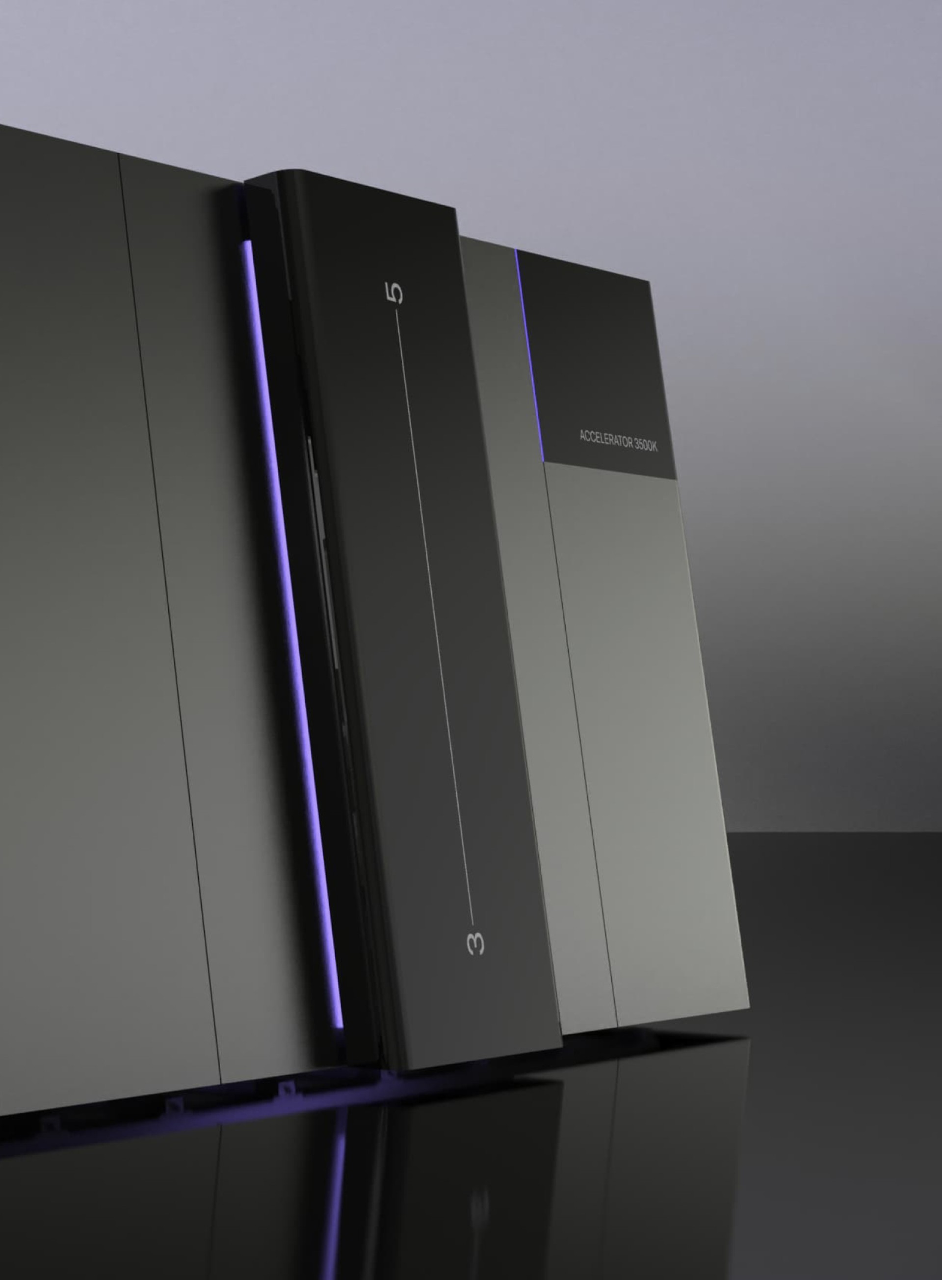 Nahaufnahme eines Accelerator 3500K-Geräts mit Ziffern 3 und 5 und violetten Details.