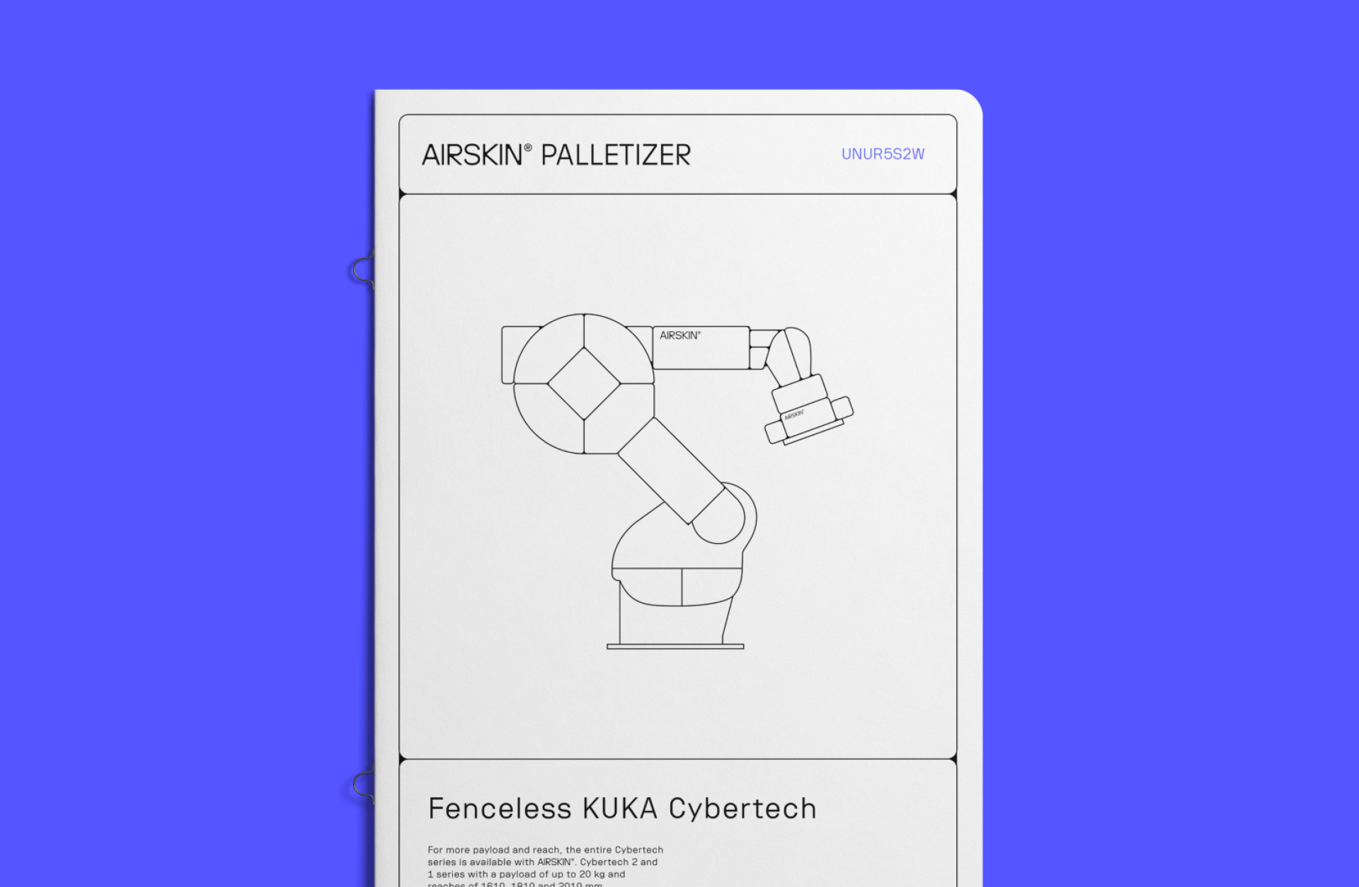 AIRSKIN® Palletizer "UNUR5S2W". Skizze eines Roboters von Kuka Cybertech Fenceless. Text: Fenceless KUKA Cybertech.