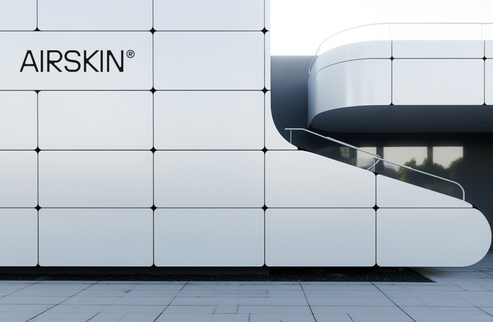 Minimalistische Architektur mit AIRSKIN®-Logo, Fassade mit quadratischen Paneelen und Treppe zu einem geschwungenen Balkon.