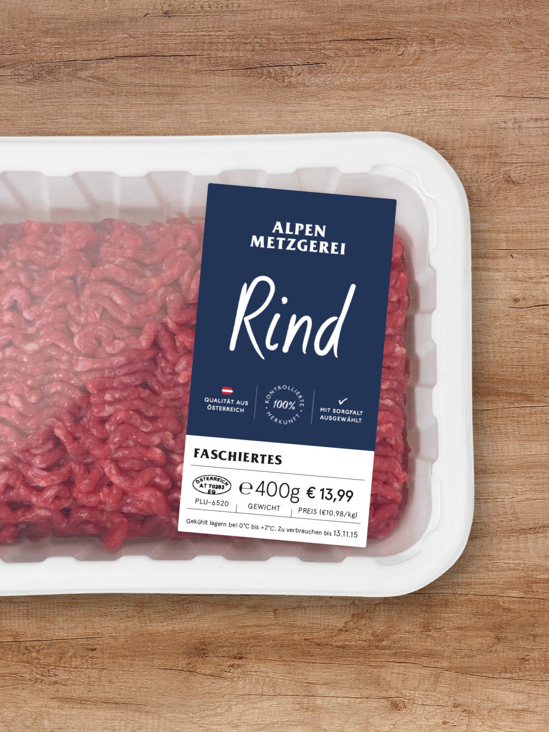 Faschiertes Rindfleisch in Verpackung von Alpen Metzgerei. 400g, 13,99 €. Qualität aus Österreich.