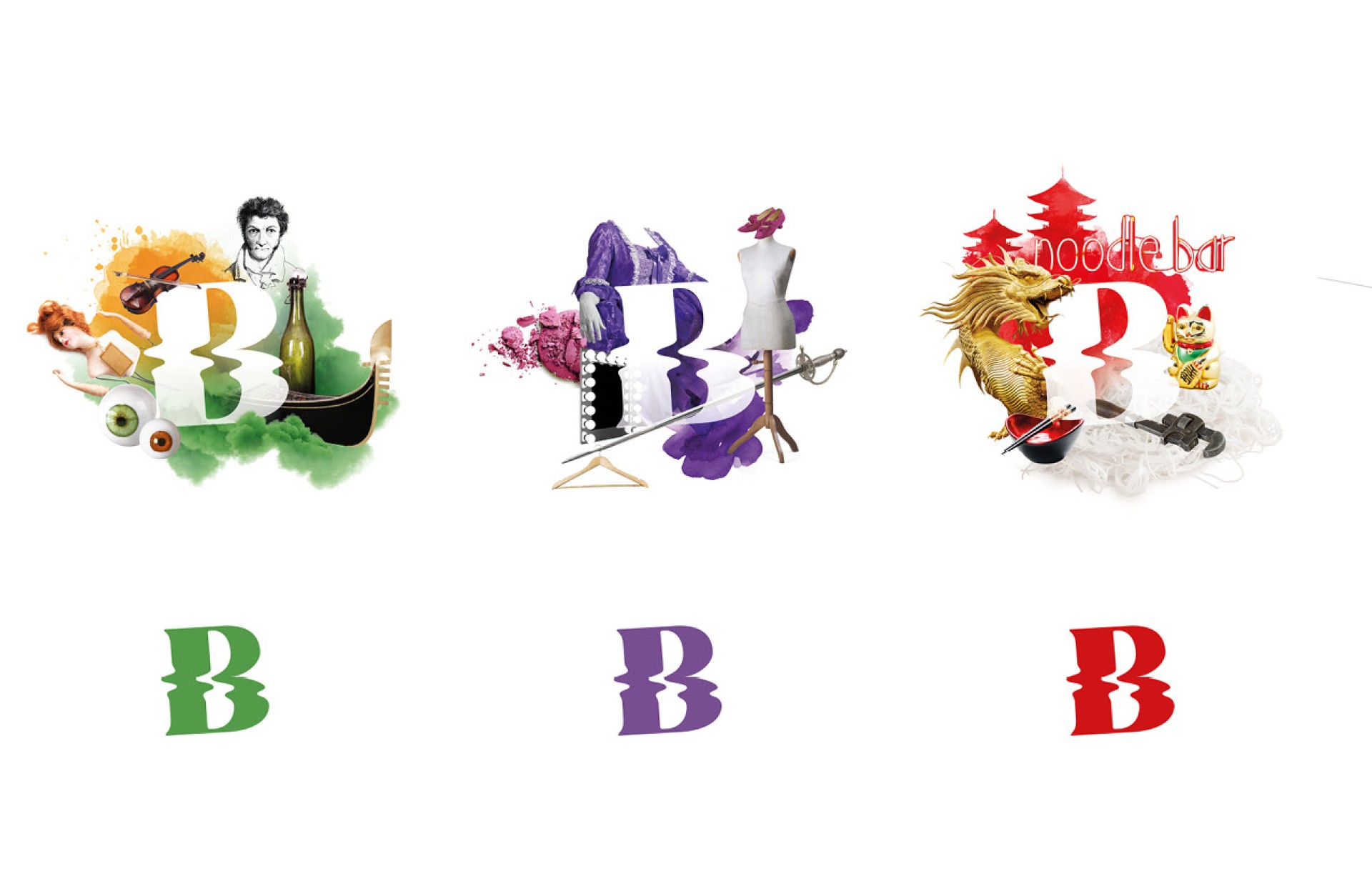 Fünf stilisierte Illustrationen, jede mit einem farbigen "B" darunter. Jede Illustration hat ein einzigartiges Thema und Design.