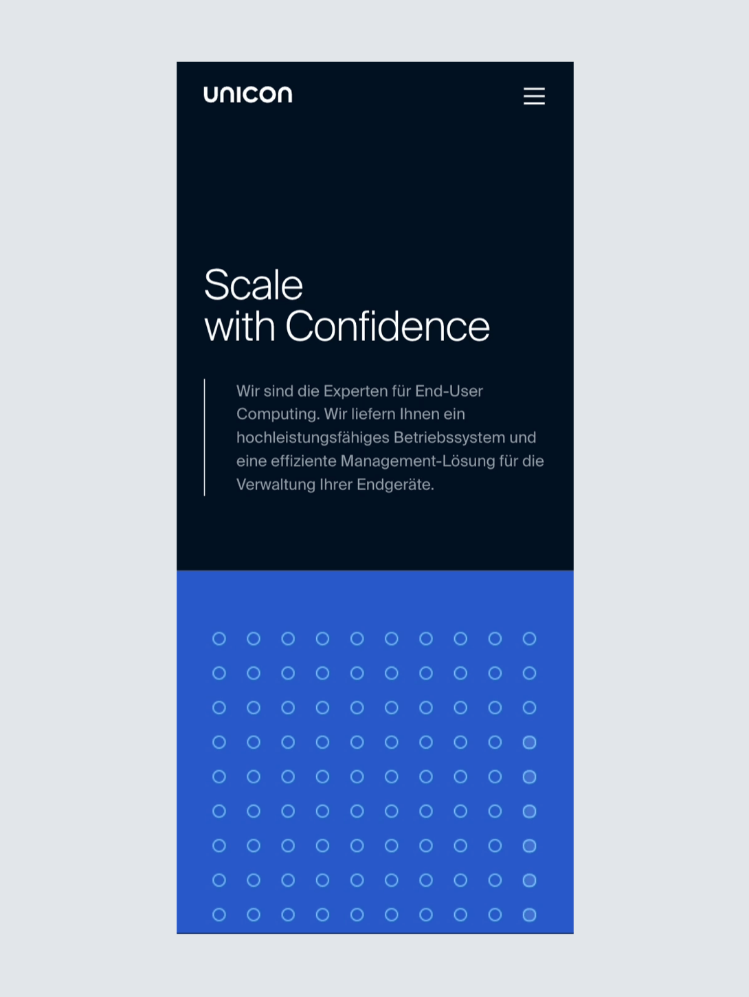 Unicon-Website. „Scale with Confidence“. Wir sind die Experten für End-User Computing. Blaue Kreise auf blauem Hintergrund.