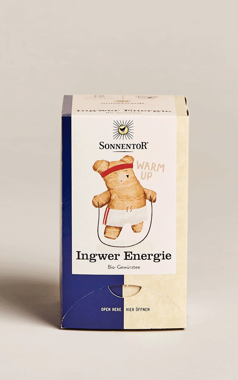 Eine Packung "Sonnentor Ingwer Energie Bio-Gewürztee" mit einer Illustration eines trainierenden Ingwermännchens.