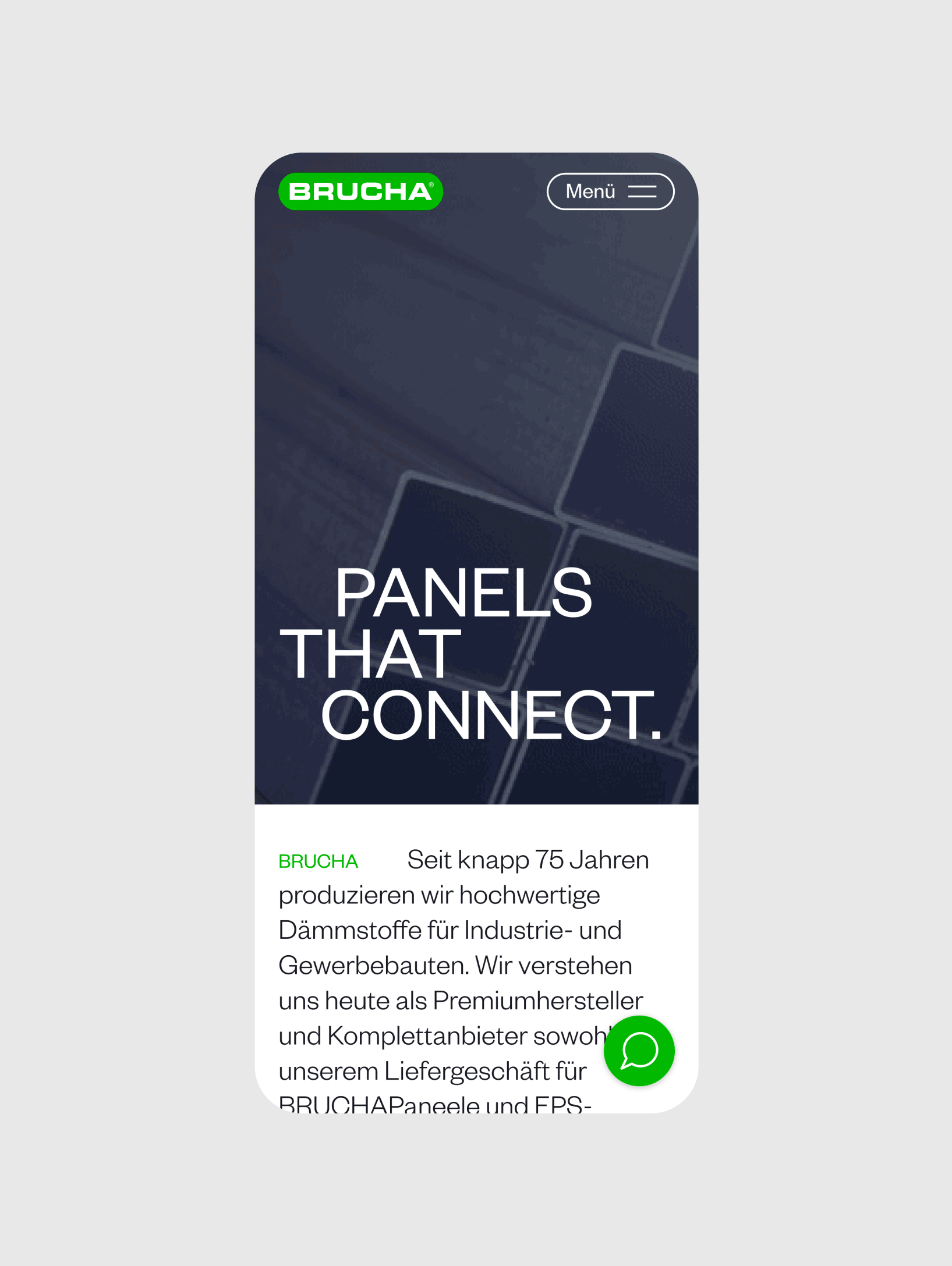 BRUCHA-Homepage. Aufschrift: "Panels That Connect". BRUCHA produziert Dämmstoffe für Industrie und Gewerbe.