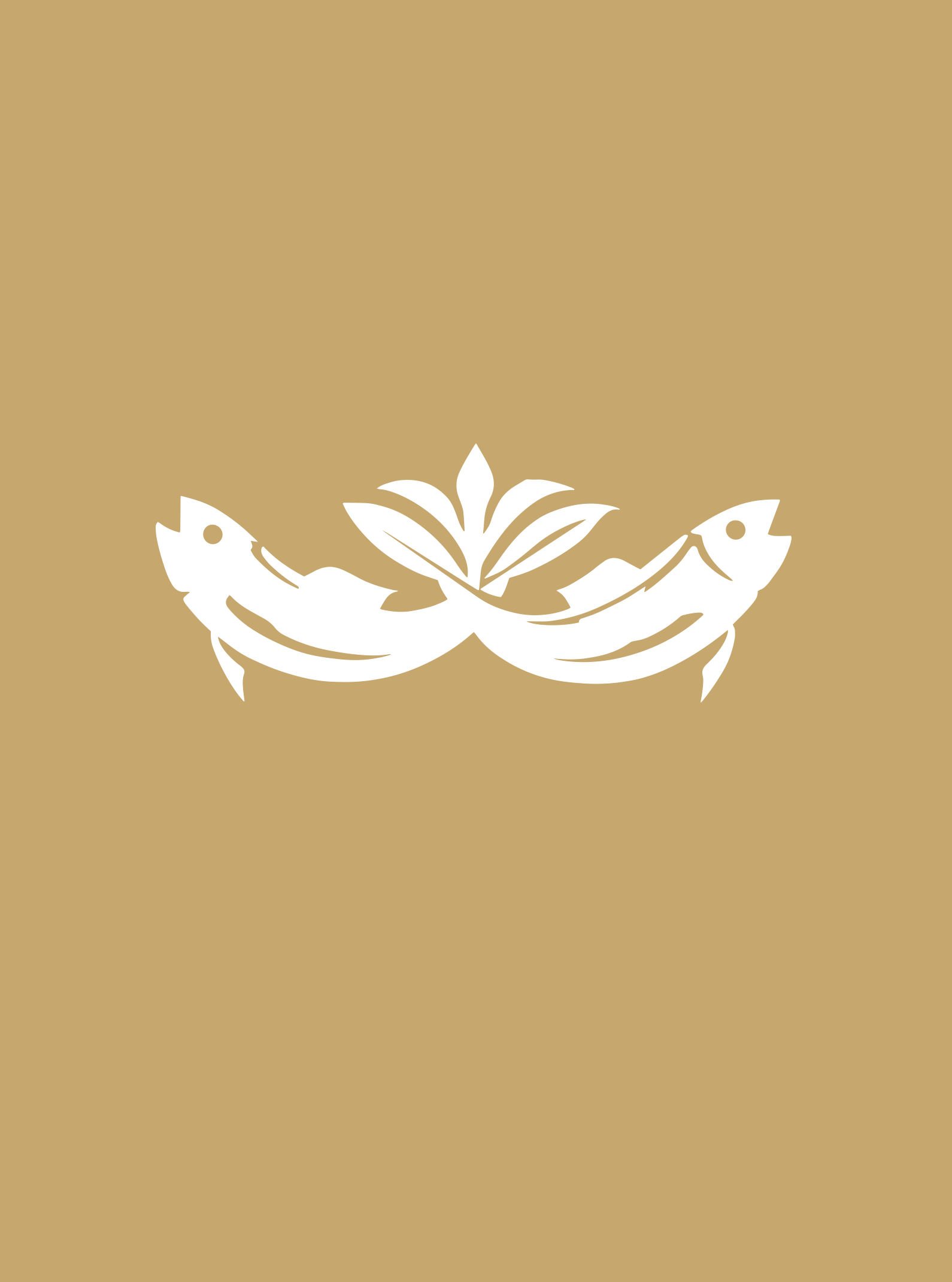 Zwei weiße Fische, die sich in einem Logo vor einem Blumenmuster mit braunem Hintergrund gegenüberstehen.