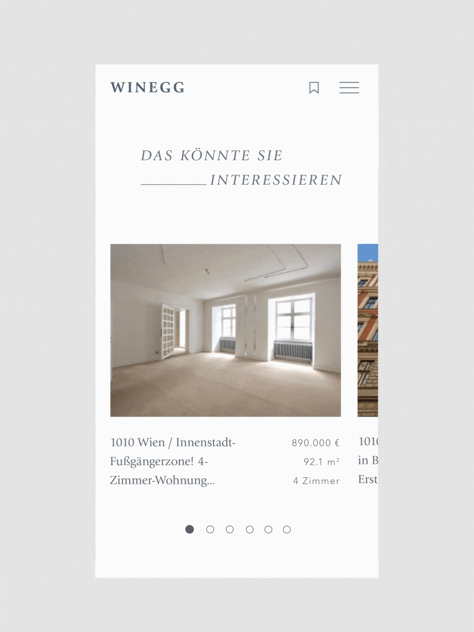 Ein Smartphone-Bildschirm mit Immobilienangeboten von "WINEGG" und einer 4-Zimmer-Wohnung in Wien.