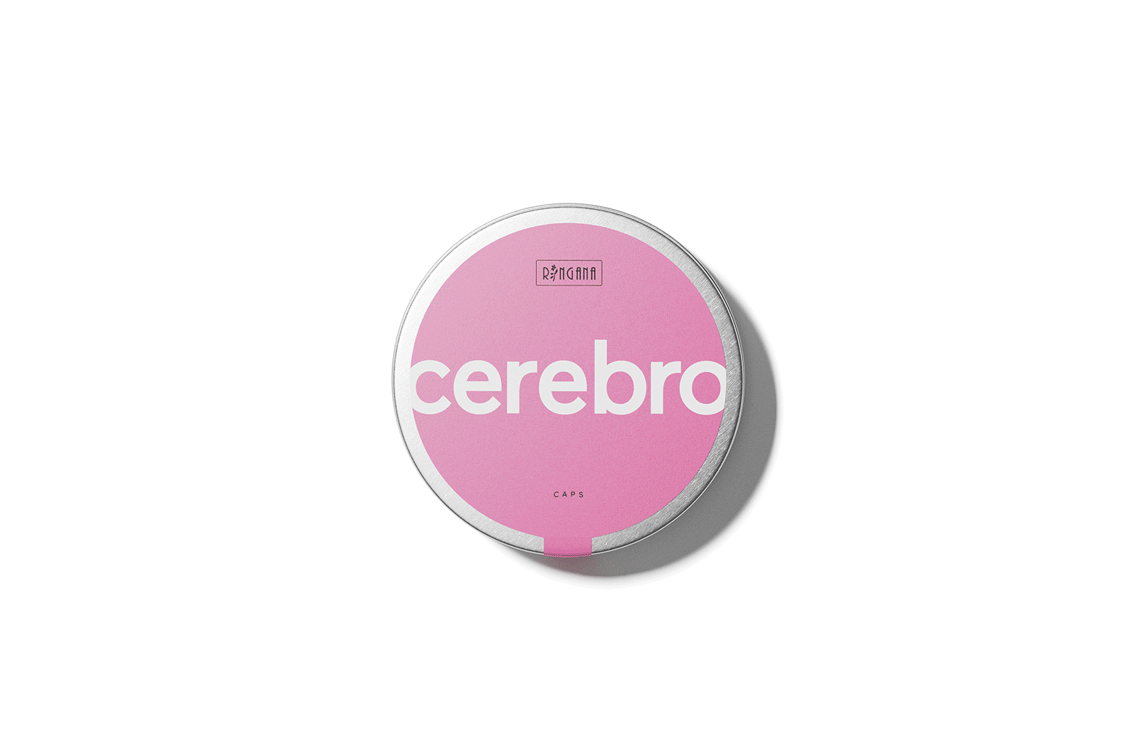 Eine silberne Dose mit dem Text „cerebro“ in Weiß auf einem rosa Hintergrund von Ringana.