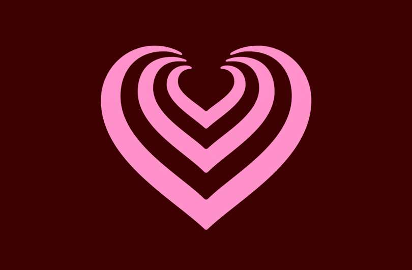 Ein rosa Herz mit drei konzentrischen Herzformen auf einem kastanienbraunen Hintergrund.