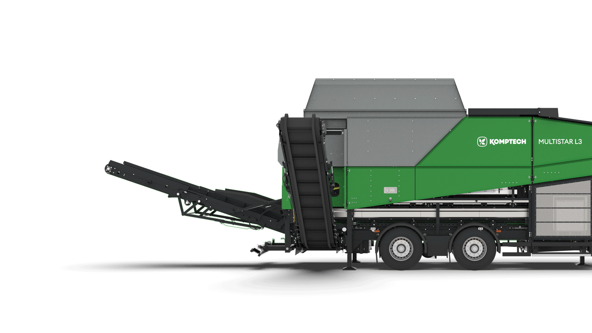 Ein grüner Komptech Multistar L3 Sieb mit Förderbändern auf einem weißen Hintergrund.