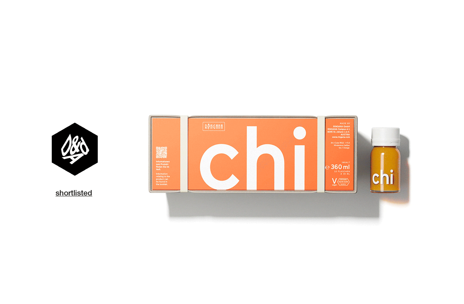 Ein Paket und eine einzelne Flasche "chi" auf orangenem und weißem Hintergrund. "shortlisted" Logo links.