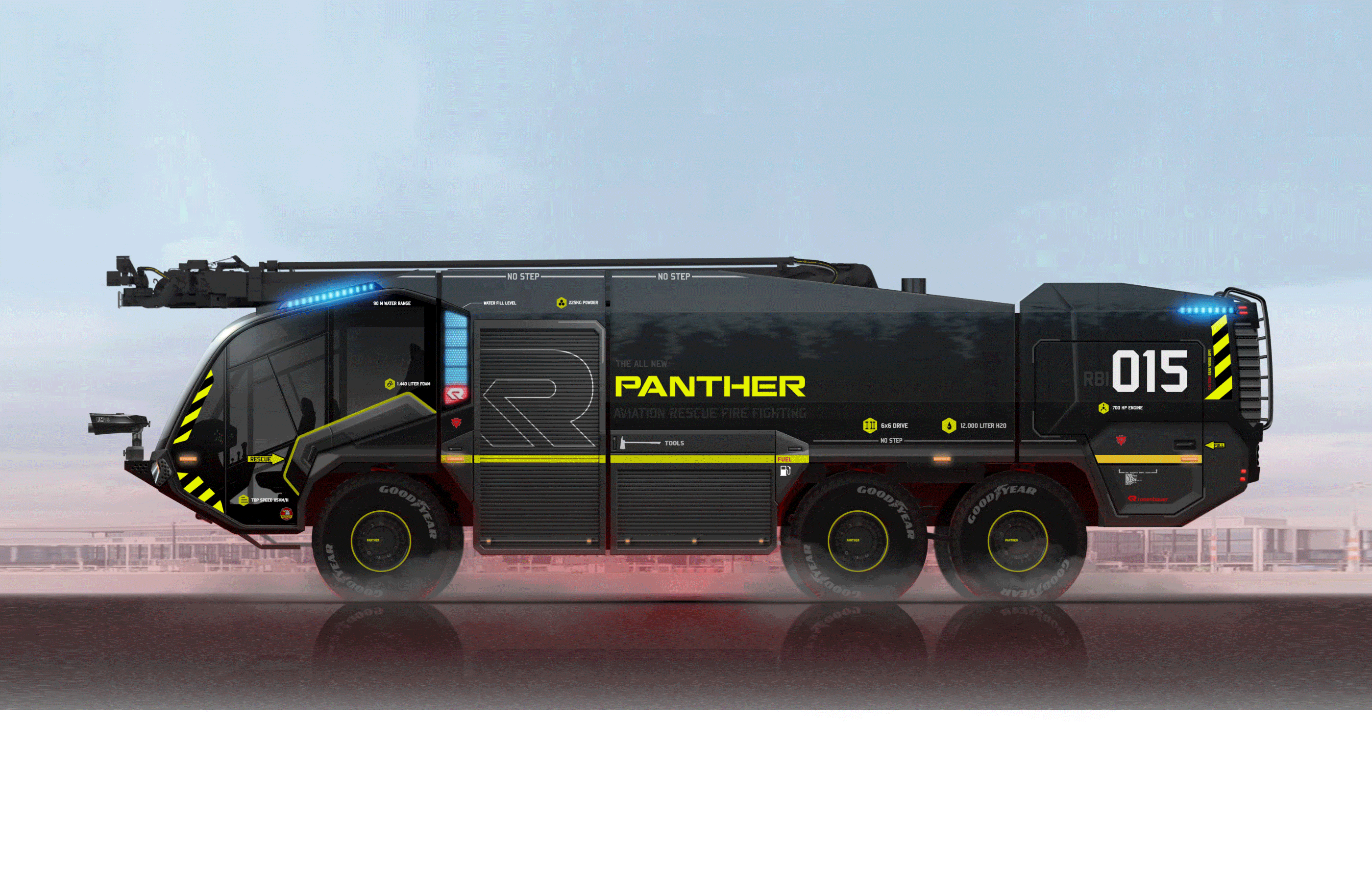 Schwarzer Panther-Löschwagen mit gelben Akzenten, sechs Rädern und der Aufschrift „PANTHER“.