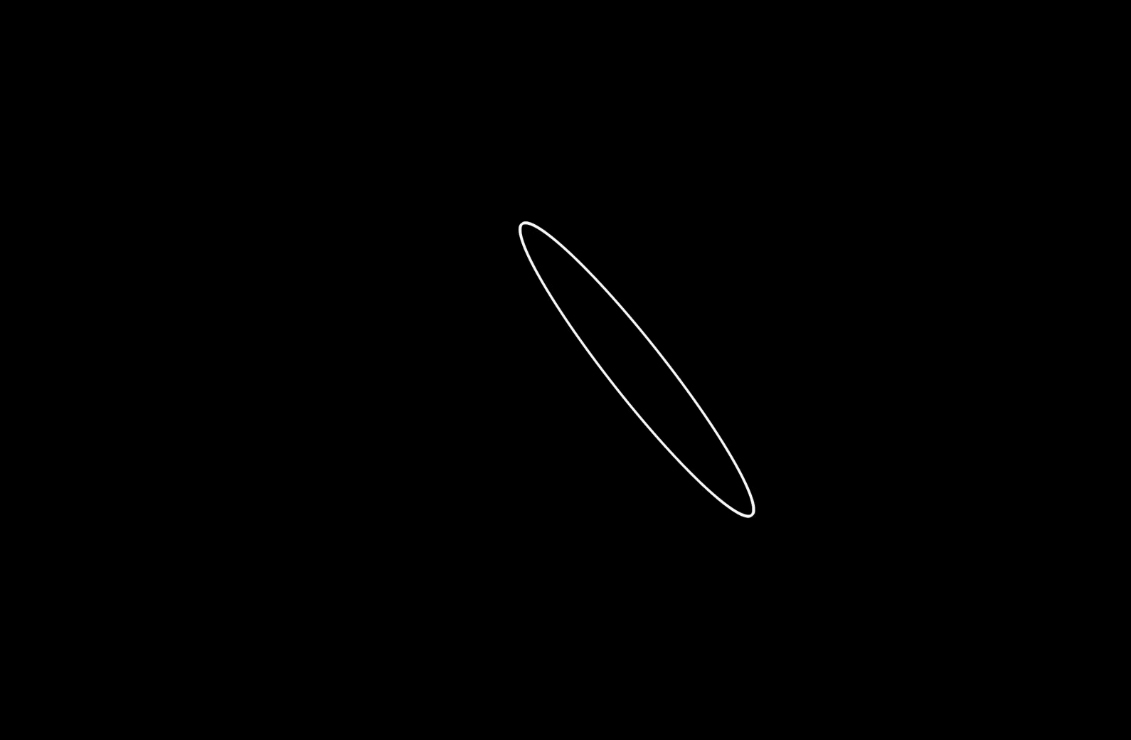 Auf einem schwarzen Hintergrund befindet sich eine weiße, geneigte Ellipse.
