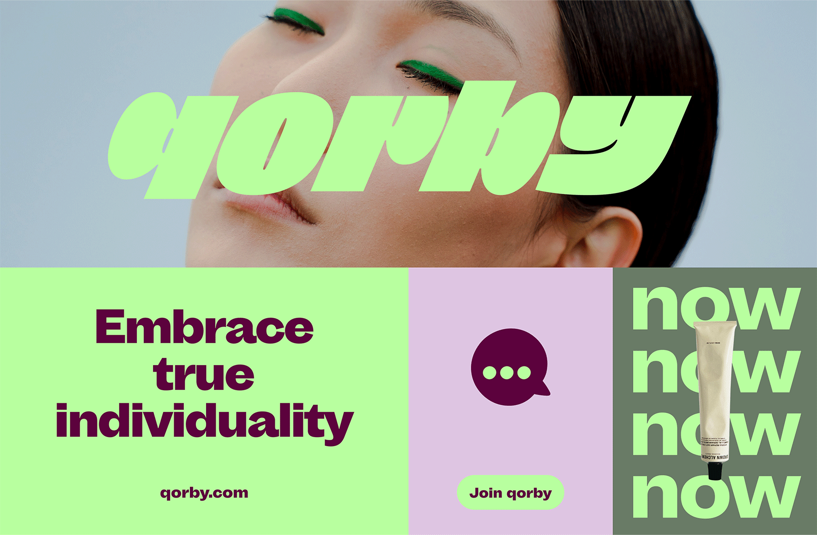 Eine Frau mit grünem Eyeliner, die "qorby" trägt. Slogan: "Wahre Individualität annehmen". Ein Produkt, jetzt verfügbar auf qorby.com.